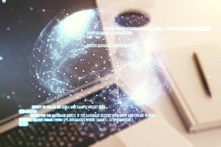 Double exposure of abstract creative programming illustration with world map on computer background, big data and blockchain conceptの写真素材