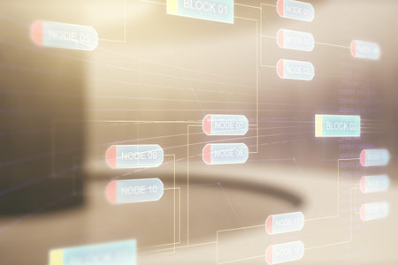 Abstract virtual coding illustration on modern interior background, software development concept....