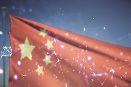 Abstract virtual wireless technology hologram on Chinese flag and blue sky background, artificial intelligence and machine learning concept. Multi exposureの写真素材