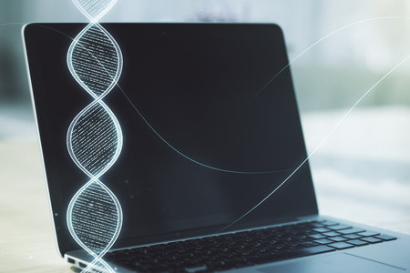 Creative DNA sketch on modern laptop background, biotechnology and genetic concept. Multiexposureの写真素材