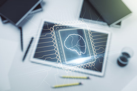 Creative artificial Intelligence concept with human brain sketch and modern digital tablet on desktop on background, top view. Double exposureの写真素材