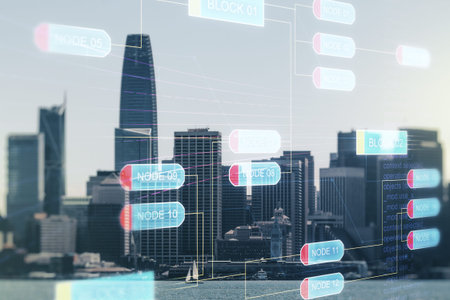 Double exposure of abstract creative programming illustration on San Francisco office buildings...