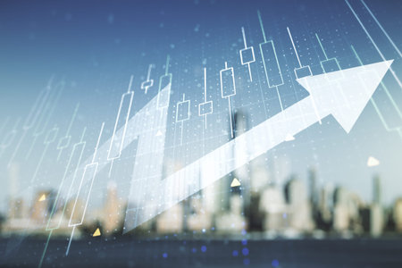 Abstract creative financial diagram and upward arrow hologram on blurry office buildings background,...