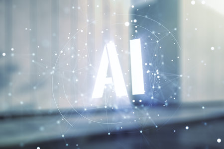 Abstract virtual artificial Intelligence symbol hologram on blurry modern office building background. Multiexposureの写真素材
