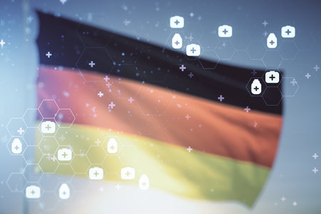 Abstract virtual medical illustration on flag of Germany and sunset sky background. Medicine and healthcare concept. Multiexposureの写真素材