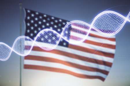 Virtual DNA symbol illustration on US flag and blue sky background. Genome research concept. Multiexposureの写真素材