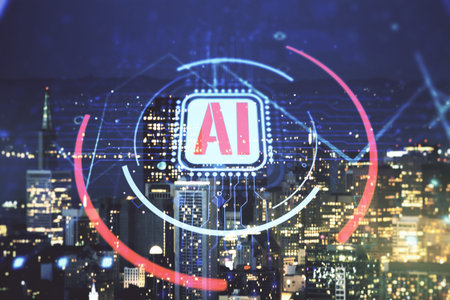 Double exposure of creative artificial Intelligence abbreviation hologram on San Francisco office...
