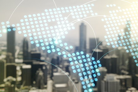 Abstract virtual world map with connections on blurry skyline background, international trading concept. Multiexposureの写真素材