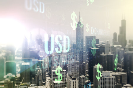 Virtual USD symbols illustration on Chicago skyline background. Trading and currency concept. Multiexposureの写真素材
