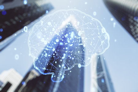 Double exposure of creative artificial Intelligence interface on modern skyscrapers background. Neural networks and machine learning conceptの写真素材