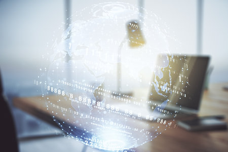 Multi exposure of abstract graphic coding sketch with world map on modern computer background, big data and networking conceptの写真素材