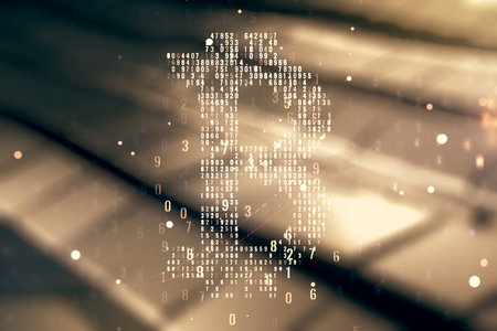 Virtual Bitcoin sketch on abstract metal background. Double exposureの写真素材