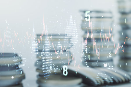 Multi exposure of abstract virtual financial graph hologram on stacks of coins background, forex and investment conceptの写真素材