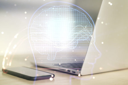 Double exposure of creative human head microcircuit with computer on background. Future technology...