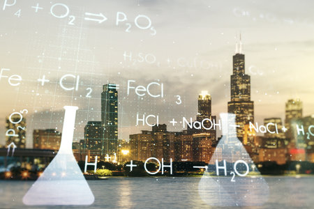 Creative chemistry hologram on Chicago office buildings background, pharmaceutical research concept. Multiexposureの写真素材
