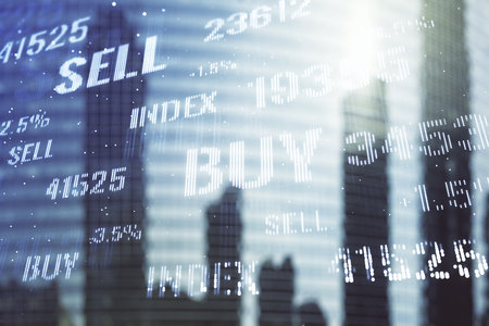 Multi exposure of abstract financial graph on office buildings background, financial and trading conceptの写真素材