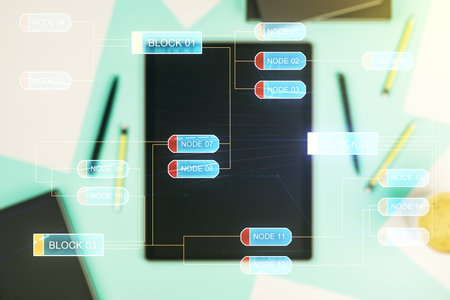 Double exposure of abstract programming language hologram and digital tablet on background, top view, research and development conceptの写真素材
