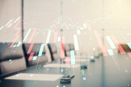 Economic crisis chart and world map hologram on a modern coworking room background, bankruptcy and recession concept. Multiexposureの写真素材