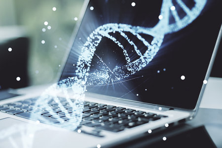 Creative concept with DNA symbol illustration on modern laptop background. Genome research concept. Multiexposureの写真素材
