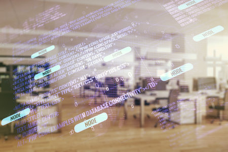 Multi exposure of abstract programming language hologram and world map on a modern furnished office interior background, artificial intelligence and neural networks conceptの写真素材