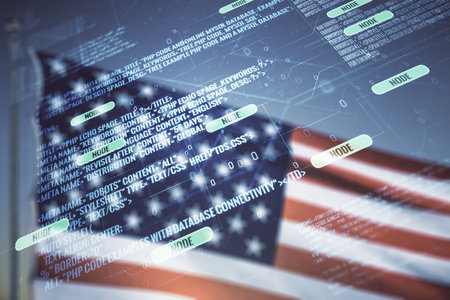 Double exposure of abstract creative programming illustration on US flag and blue sky background, big data and blockchain conceptの写真素材