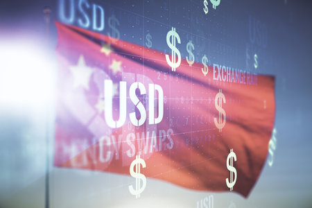 Double exposure of virtual USD symbols hologram on Chinese flag and blue sky background. Banking and investing conceptの写真素材