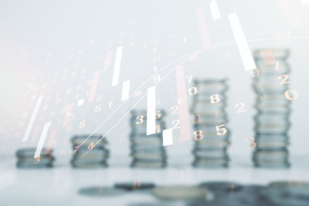 Multi exposure of virtual abstract financial diagram on growing coins stacks background, banking and accounting conceptの写真素材