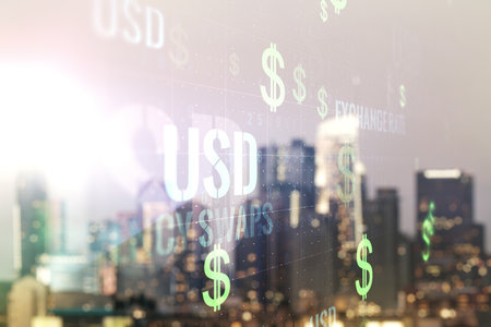 Double exposure of virtual USD symbols hologram on blurry cityscape background. Banking and investing conceptの写真素材