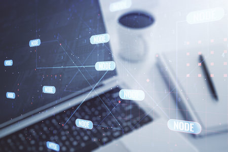 Multi exposure of abstract software development hologram on laptop background, research and analytics conceptの写真素材