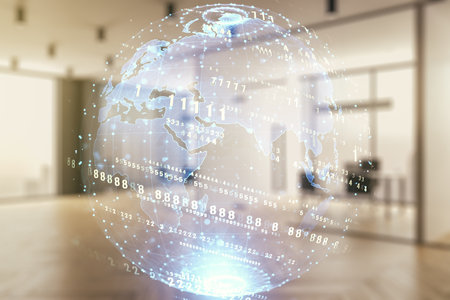 Abstract virtual coding concept and world map hologram on a modern furnished office background. Multiexposureの写真素材
