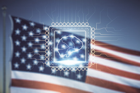 Virtual creative artificial Intelligence hologram with human brain sketch on US flag and blue sky background. Multiexposureの写真素材