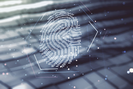 Abstract virtual fingerprint hologram on blurry abstract metal background. Multiexposureの写真素材