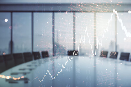 Multi exposure of virtual abstract financial chart hologram and world map on a modern meeting room...