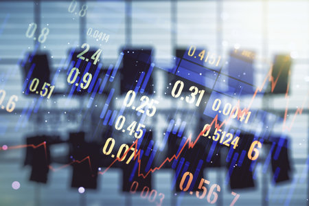 Multi exposure of virtual creative financial chart hologram on a modern meeting room background,...
