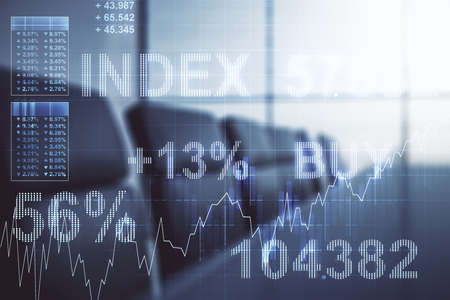 Multi exposure of virtual abstract financial diagram on a modern furnished office interior background, banking and accounting conceptの写真素材