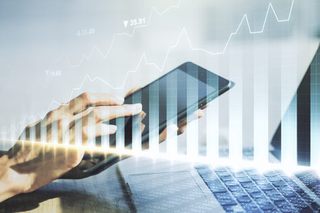 Abstract creative financial graph with finger clicks on a digital tablet on background, forex and investment concept. Multiexposureの写真素材