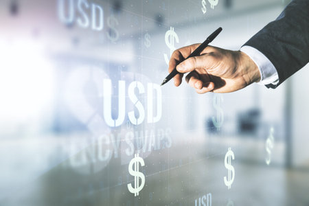 Man hand with pen working with virtual USD symbols illustration on blurred office background....