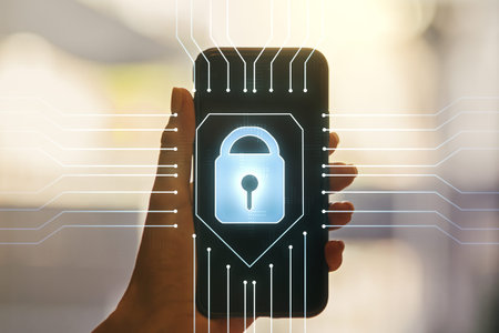 Creative lock sketch with chip hologram and hand with cellphone on background, protection of...