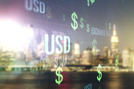 Virtual USD symbols illustration on blurry skyline background. Trading and currency concept. Multiexposureの写真素材