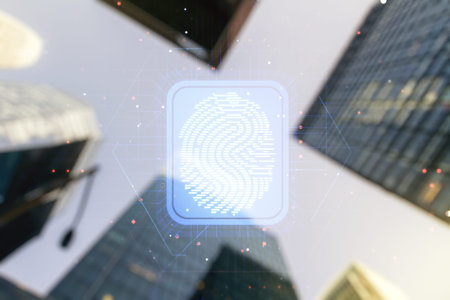 Abstract virtual fingerprint hologram on office buildings background. Multiexposure