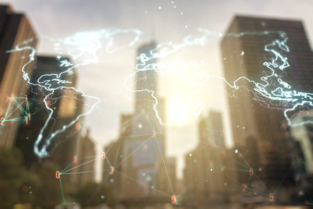 Multi exposure of abstract creative digital world map hologram on office buildings background,...
