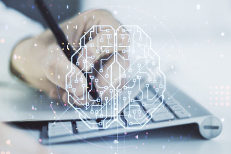 Double exposure of creative artificial Intelligence symbol with hand writing in notebook on...