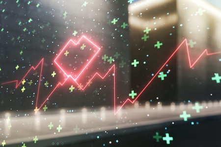 Abstract virtual heart rate sketch on contemporary business center exterior background, Medicine and...