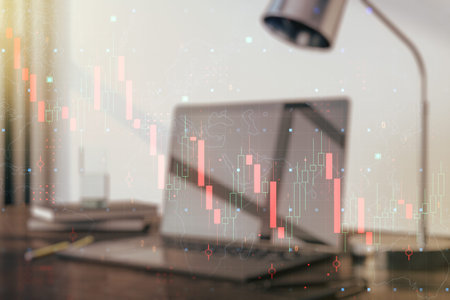 Creative abstract economic crisis chart with world map hologram on modern computer background,...