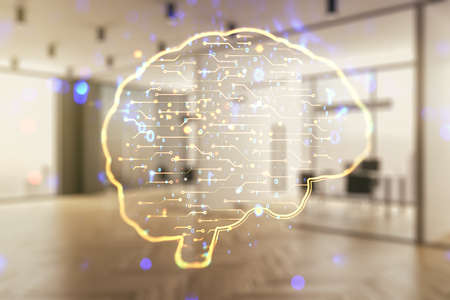 Double exposure of creative human brain microcircuit hologram on a modern furnished office interior background. Future technology and AI conceptの写真素材