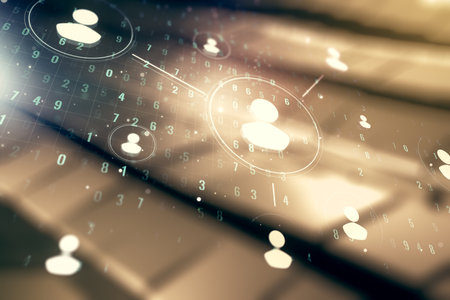 Double exposure of abstract virtual social network icons on blurry metal background. Marketing and promotion conceptの写真素材