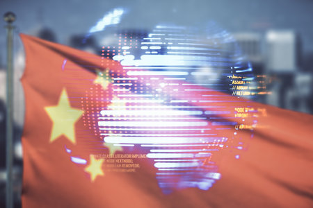 Double exposure of abstract creative programming illustration and world map on Chinese flag and city background, big data and blockchain conceptの写真素材