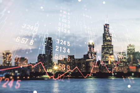 Multi exposure of stats data illustration on Chicago city skyline background, computing and analytics conceptの写真素材