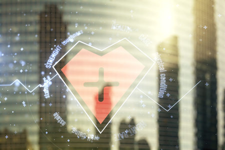 Abstract virtual heart pulse hologram on modern architecture background, online medical consulting...