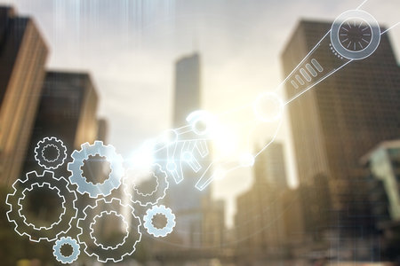 Abstract virtual robotics technology hologram on modern architecture background, artificial intelligence and machine learning concept. Multi exposureの写真素材